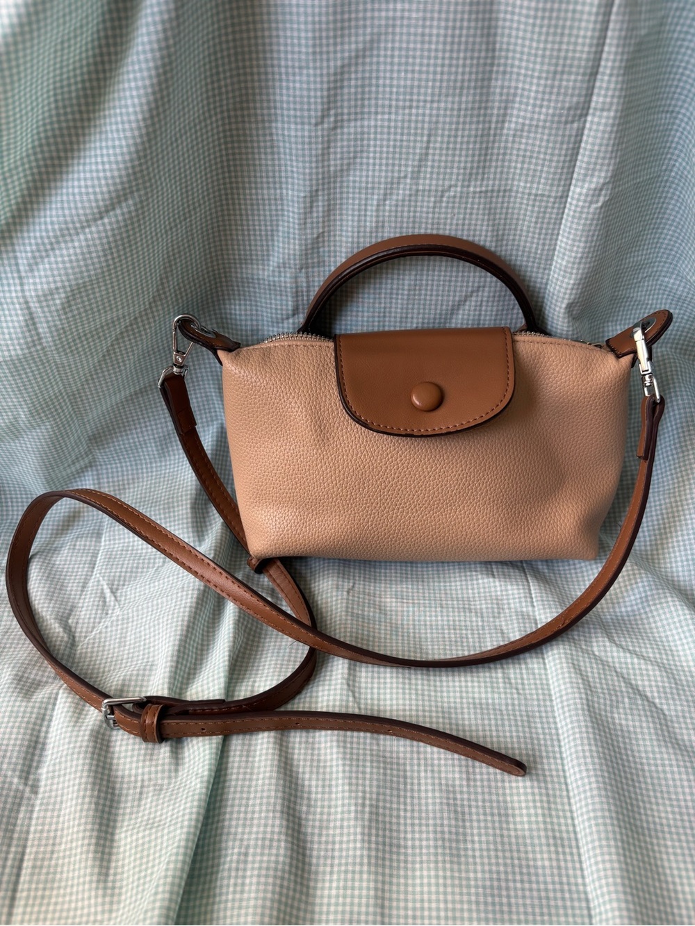 CAHRES & HEXA Compact Tan Pebbled Crossbody Bag with Top Handle